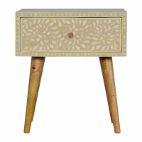 Scandi Style 1 Drawer Bedside Table With Grey Floral Bone Inlay Pattern
