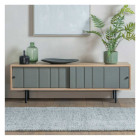 Grey Painted Natural Oak Media Unit Sliding Doors Japandi Style Black Legs