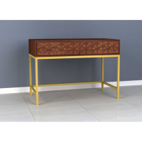 Ivy Modern Lattice Designed Walnut Mango Wood 2 Drawers Writing Desk Gold Legs
