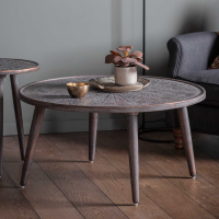 Modern Wooden Round Coffee Table Grey Copper Finish Carved Top 90cm Diameter