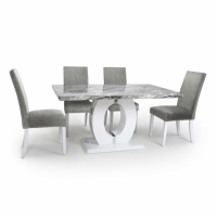 Grey and White Marble Top Rectangular Dining Table Set 4 Grey Velvet Chairs