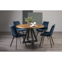 Indus Rustic Oak Small Round Dining Set Peppercorn Legs with 4 Blue Velvet Chairs