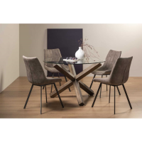 Turin Clear Glass 4 Seater Small Round Dining Set 4 Fontana Tan Faux Suede Fabric Chairs