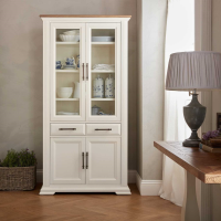 Tall 2 Tone Ivory Painted Oak Top Glazed Display Cabinet Unit 200 x 102 x 39cm