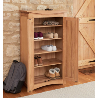 Tall Slim Light Solid Oak Shoe Storage Cupboard Cabinet 2 Doors H118 x W68cm