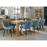 Turin Light Oak 8 to 10 Seater Extending Dining Set 8 Cezanne Petrol Blue Velvet Fabric Chairs