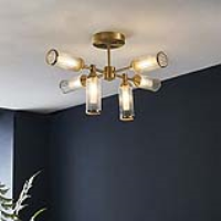Remo Ribbed and Frosted Glass Semi Flush Ceiling Light in Satin Brass 59.5x65.5cm