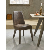 Modern Dining Chair Aged Oak Distressed Dark Brown Leather Upholstered