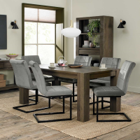 Dark Oak 6 Seater Medium 180cm Dining Room Table Set 6 Light Grey Velvet Fabric Chairs