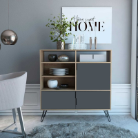 Modern Wide Bleached Oak Matt Grey Effect 3 Door High Sideboard Black Hairpin Legs