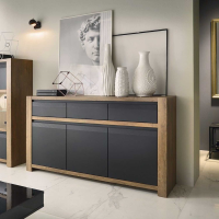 Retro Large Oak Matt Black 3 Door 3 Drawer Sideboard With Recessed Handles 92.5x160cm