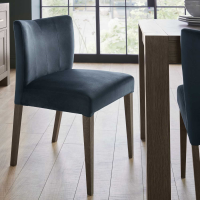 Pair of Modern Dark Blue Velvet Dining Chairs Low Back Dark Oak Legs