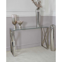 Criss Cross Stainless Steel Hallway Console Table With Clear Glass Top 120cm