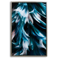 Ultra Stylish Teal Feather Effect Rectangular Glass Silver Framed Wall Art 90x60cm