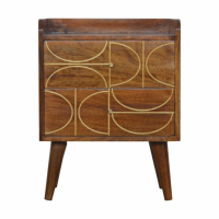 Nordic Mango Wood Chestnut Gold Inlay Abstract 2 Drawer Bedroom Bedside Cabinet 59x45cm