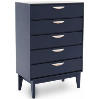 Modern Blue Painted Tall Narrow Chest of 5 Drawers Champagne Metal Handles