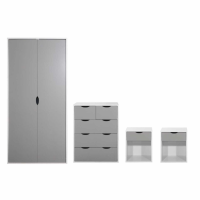 Modern Grey and White 5 Drawer Chest 4 Piece Double Wardrobe Bedroom Set with 2 Bedside Tables