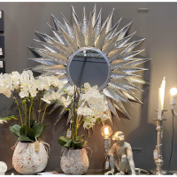 Stylish Large Silver Finish Metallic Sunburst Designed Hallway Wall Mirror 90cm Diameter