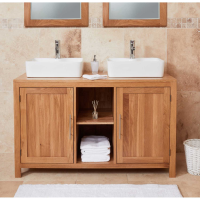 Solid Oak Double Sink Bathroom Vanity Unit Set 2 Sinks 2 Taps His Hers