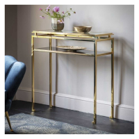 Modern Sleek Geometric Gold Metal and Black Glass Console Table with Shelf 90cm