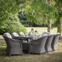 Grey Rattan Oval Garden Dining Table and 8 Chair Set 8 Seater and Cushions