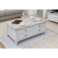 Grey Painted Large Coffee Table With Limed Wooden Top 4 Drawers and Lift up Top Lid