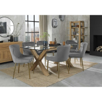 Modern Clear Glass 6 Seater Dining Table Set X Oak Legs 6 Grey Velvet Chairs