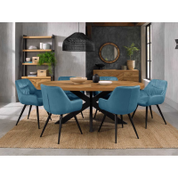 Ellipse Rustic Oak 6 Seater Dining Table And 6 Dali Petrol Blue Velvet Fabric Chairs with Sand Black Powder Coated Legs