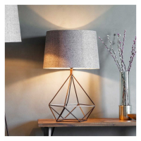 Modern Geometric Steel Base and Cylindrical Fabric Shade Table Lamp with Warm Light