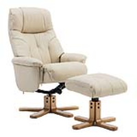 Modern Cream Leather Upholstered Swivel Recliner and Footstool Set Oak Base