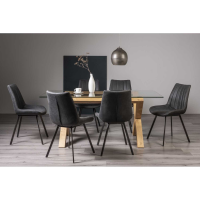 Turin Glass 6 Seater Dining Set X Oak Legs with 6 Fontana Dark Grey Suede Fabric Chairs