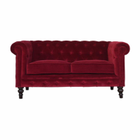 Nordic Mango Wood Wine Red Velvet 2 Seater Living Room Chesterfield Sofa 75 x 150cm