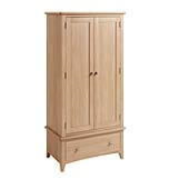 Solid Light Oak Bedroom 2 Door Double Gents Wardrobe With Base Drawer Tapered Legs 185cm Tall