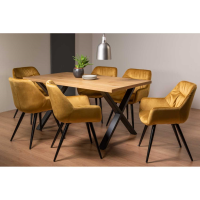 Oak Rectangular Dining Table Set with 6 Mustard Yellow Velvet Dining Chairs