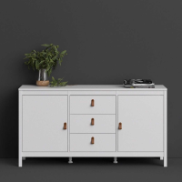 Trendy Wide White 2 Door 3 Drawer Sideboard With Brown Leather Tab Handles 79.7x151.2cm
