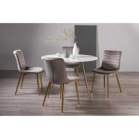 Round White Marble Effect Glass 120cm 4 Seater Dining Table Set Grey Fabric Chairs