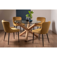 Modern Oak Glass Round Dining Table Set 4 Mustard Yellow Velvet Fabric Chairs