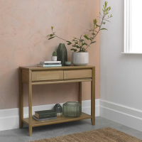 Bergen Oak 2 Drawer Modern Modular Living Small Console Hall Occasional Table With Shelf 92x79x36cm