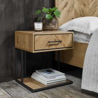 Rustic Oak 1 Drawer Nightstand Bedside Lamp Table Black Metal Frame