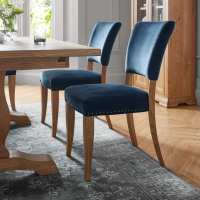 Pair of Rustic Oak Dining Chairs Dark Blue Velvet Fabric Upholstery Stud Edge Detail
