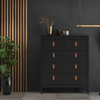 Modern Chest of 5 Drawers Matt Black with Brown Leather Tab Handles