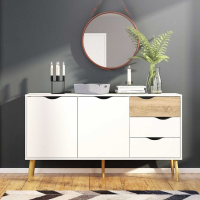 Retro Wide White and Oak 3 Drawer 2 Door Sideboard With Cut Out Handles 81.7x147.2cm