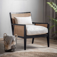 Padded Armchair Black Solid Timber and Rattan Framed Cream Seat Cushions