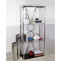 Silver Chrome Clear Black Glass Showcase Open Display Shelving Unit