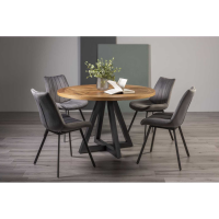 Rustic Oak Round Dining Table Set 4 Light Grey Velvet Chairs 125cm Diameter