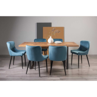 Rustic Oak 190 to 240cm Large Extending Dining Table Set 6 Blue Velvet Fabric Chairs