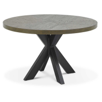 Dark Oak Round 4 Seater Dining Table Black Metal Spider Legs 125cm Diameter