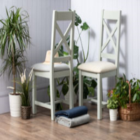 Grey Painted Kitchen Dining Chair Cross Back Cream Linen Seat Pad 100x46cm