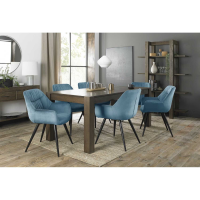 Turin Dark Oak Large Extending Dining Set 6 Blue Velvet Fabric Chairs 165 to 225cm