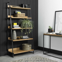 Rustic Oak Open Ladder Display Shelf Unit Black Metal Frame 90cm Wide